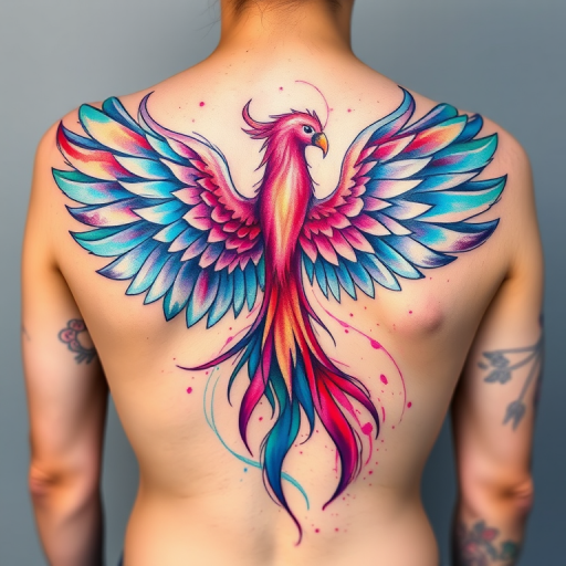Vibrant watercolor phoenix tattoo design with iridescent feathers and flowing brushstrokes, incorporating shades of turquoise and magenta, emblazoned across the upper back in a sweeping arc