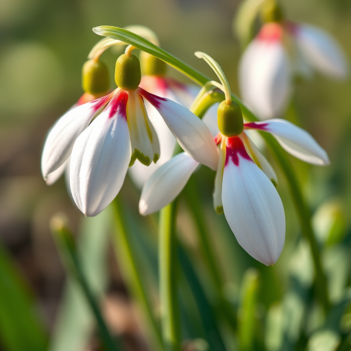 Regenerate a detailed illustration of snowdrop flowers with vibrant colors and intricate details, close-up view, soft focus background, natural lighting, DSLR camera settings: f/2.8 aperture, shutter speed 1/200 sec, ISO 100.