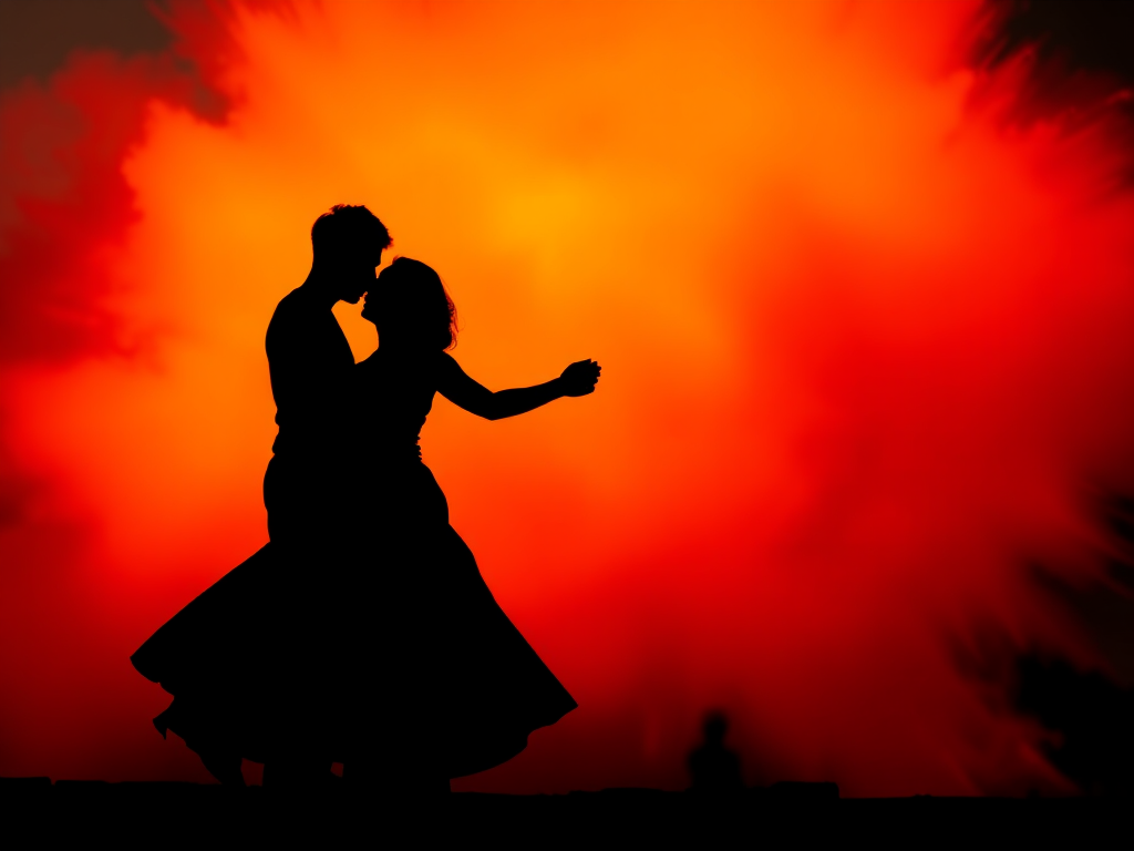 Create a high-contrast silhouette image of a couple dancing against a vibrant explosion of orange and yellow, using a DSLR camera with a 50mm lens, aperture f/1.8, ISO 200, and a shallow depth of field to enhance details in the shadows, captured from a low angle for dramatic effect.