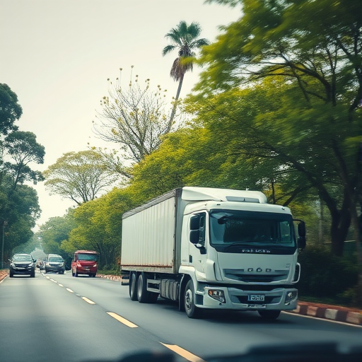 Create an artistic representation of a diverse transportation scene featuring a truck and various trees and plants in a stylized manner, captured with a DSLR camera at f/8 aperture, ISO 100, 24mm wide-angle lens, natural lighting, and a shallow depth of field.