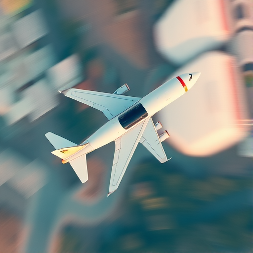 Create a high-resolution image of a stylized airplane in flight, capturing a top-down view with vibrant colors, using a DSLR camera with a 50mm lens, aperture set to f/2.8, shutter speed at 1/250s, ISO 100, and a slight motion blur effect.