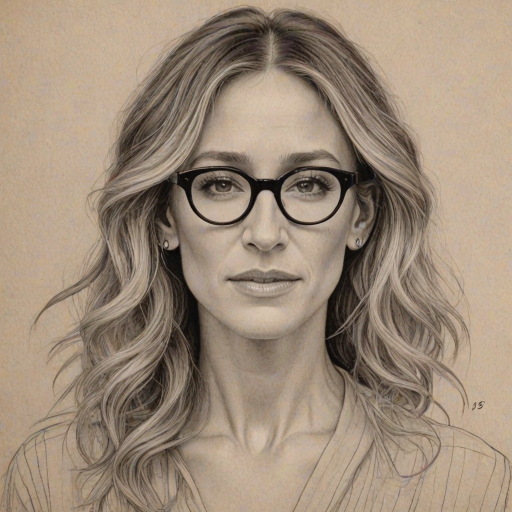 Magnificent Sarah Jessica Parker, pencil sketch, portrait of Gorgeous woman 1924s in glasses, hair style beatnik, outline, clear lines, fine lines, 8k