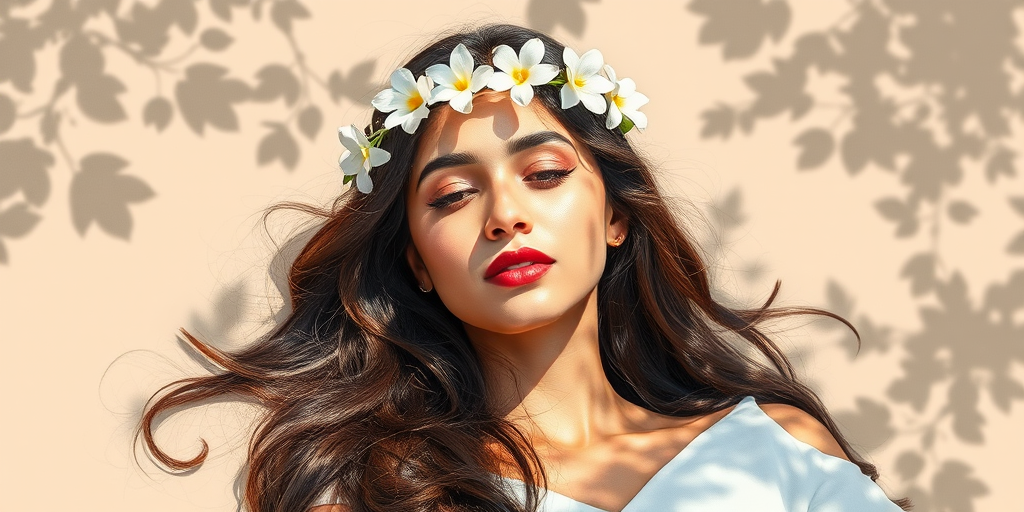 create a watercolor painting of an ethereal portrait of beautiful Pakistani woman with a simple white flower crown on her head. Her hair is long and she is lying on the ground. The sunlight on the trees casts shadows from the leaves on her face and body. The background is a neutral brown color that matches her skin tone. The image is minimalist and solid colors. This style is characterized by soft, delicate brushstrokes and a light, airy, contrasting color palette. High level of detail and play of light
