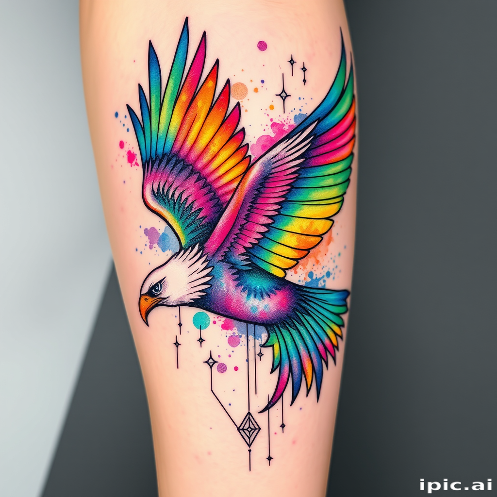 Vibrant watercolor splash tattoo featuring a soaring eagle with rainbow feathers, blending seamlessly into a cosmic nebula backdrop, incorporating intricate geometric patterns and delicate line work for a stunning fusion of realism and abstraction