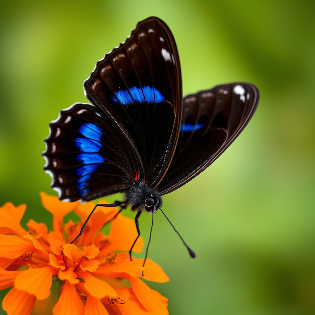A close-up photograph of a vibrant black butterfly with blue markings perched on bright orange flowers, taken with a Canon EOS 5D Mark IV, 100mm macro lens, aperture f/2.8, ISO 100, natural light, with a soft focus background for enhanced depth of field.
