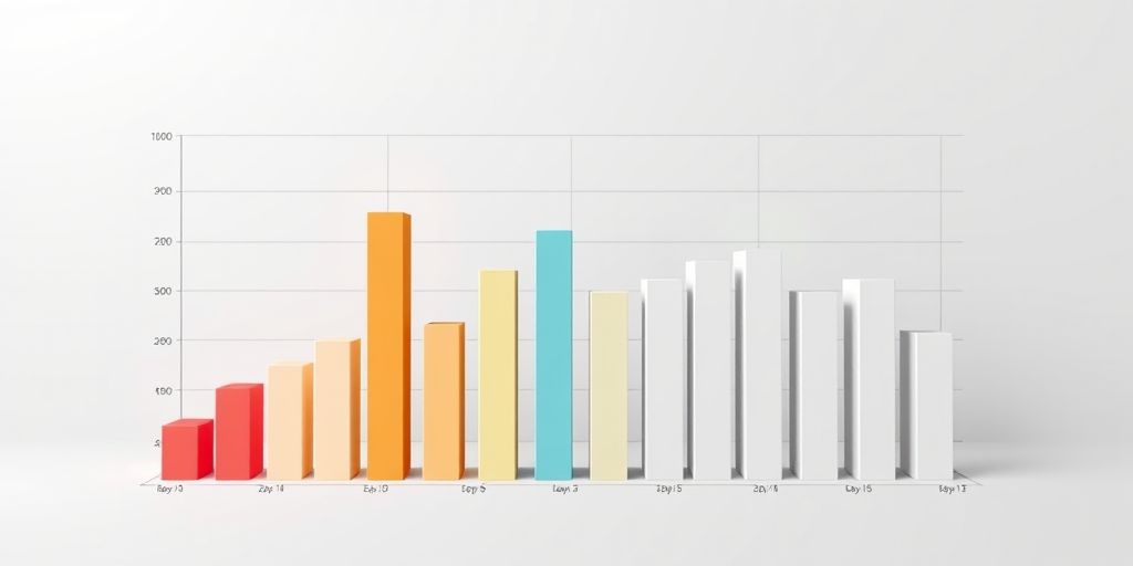 Create a high-resolution 3D bar graph visualization with clean lines and a modern aesthetic, using a Canon EOS 5D Mark IV camera, f/8 aperture, ISO 100, 24mm focal length, shot from a straight-on view to highlight depth and volume.