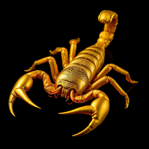Create a highly detailed digital illustration of a gold scorpion, with intricate patterns on its body, against a dark background, using a 50mm lens at f/2.8, ISO 100, and natural lighting to enhance the metallic sheen, in a macro photography style.