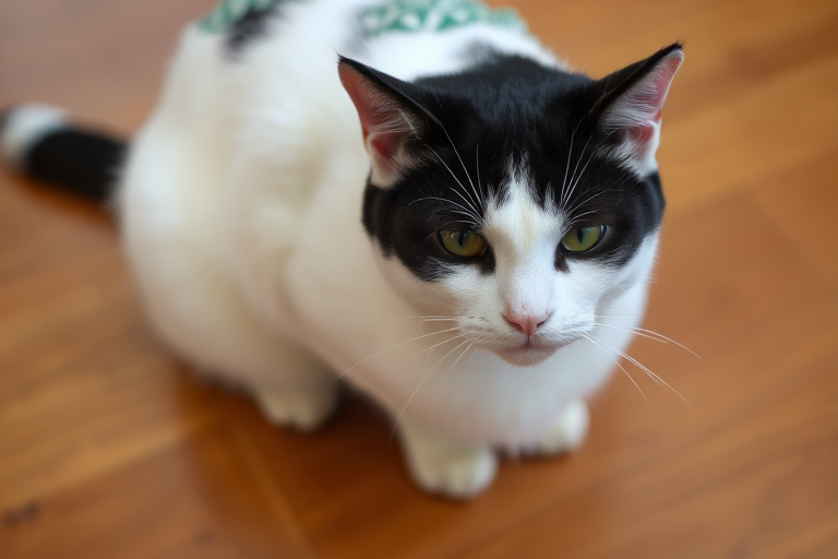 A close-up photograph of a white and black cat sitting on a wooden floor, and tail. Its face is predominantly white, covered in a green and white patterned fabric., and back. The cat has a distinctive facial expression, likely a domestic shorthair, with a slightly squinted expression