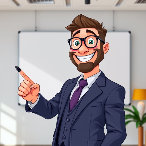 create a cartoon character of a cheerful man in a suit holding a pointer in front of a blank presentation board in a well-lit office setting with vibrant colors and smooth lines, using a Canon EOS R5 camera at 50mm f/1.8 aperture, ISO 100, and natural light with a focus on clarity and detail