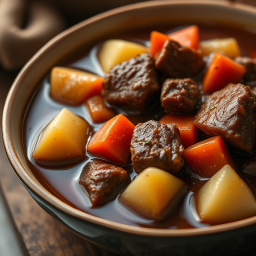 stunning close-up of a bowl of beef stew with tender meat, carrots, and potatoes in rich broth, shot with a Nikon D850, 50mm lens, f/1.8 aperture, ISO 200, natural soft lighting for a warm ambiance