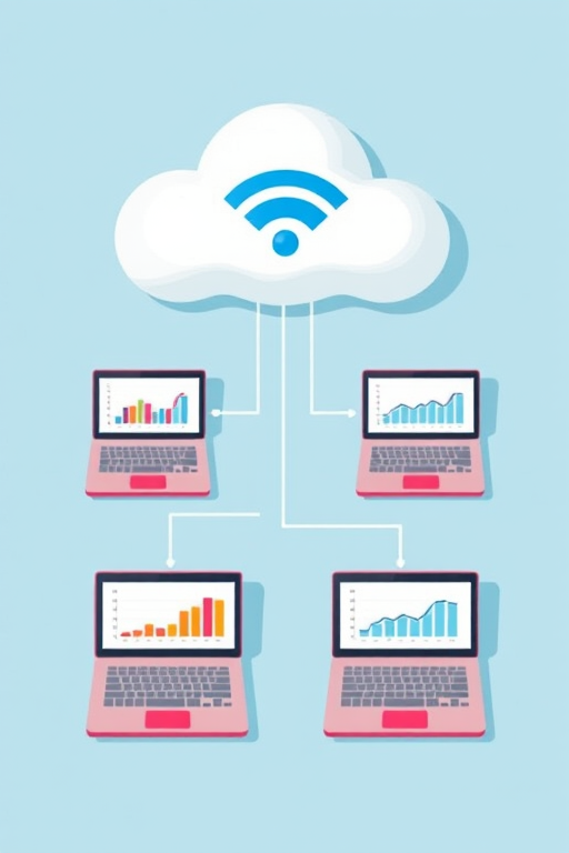 Create a digital illustration depicting a cloud with a Wi-Fi symbol connected to four different laptops displaying data charts, use vibrant colors, ensure a clean and modern style, camera settings: ISO 100, aperture f/8, shutter speed 1/200s, camera view: top-down angle, camera style: vector graphic, camera type: digital illustration.