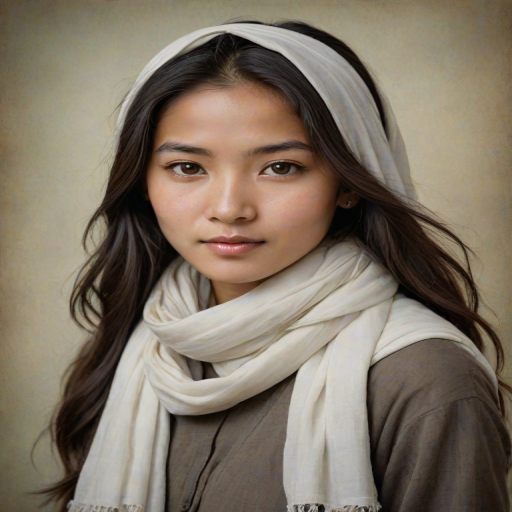 Create a portrait of a young Tibetan female with long, dark hair and captivating hazel eyes. She is wearing a white headscarf and a matching scarf draped gracefully around her neck. The background is softly blurred, focusing attention on her serene and natural expression. The overall color palette is muted and warm, enhancing the intimate and authentic feel of the portrait.