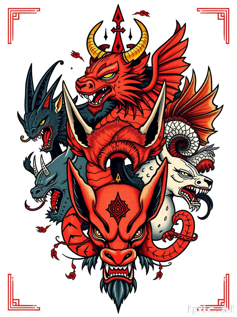 Neo-traditional "Folkloric Menagerie" tattoo design showcasing mythical creatures and symbolic animals rendered with bold lines saturated colors and stylized features inspired by classic tattoo art