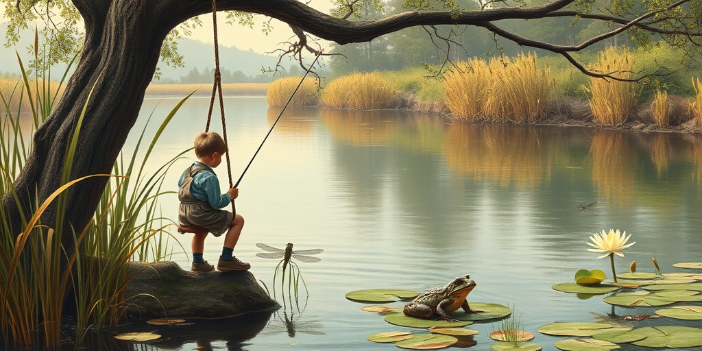 Imagine a small group of old fashioned young boys out fishing by the creek, a swing hanging from a tree branch, reeds and grasses by the water's edge, a frog sitting on a lily pad, dragonflies hovering over som water plans, a very iconic old fashioned scene reminiscent of a Norman Rockwell painting style