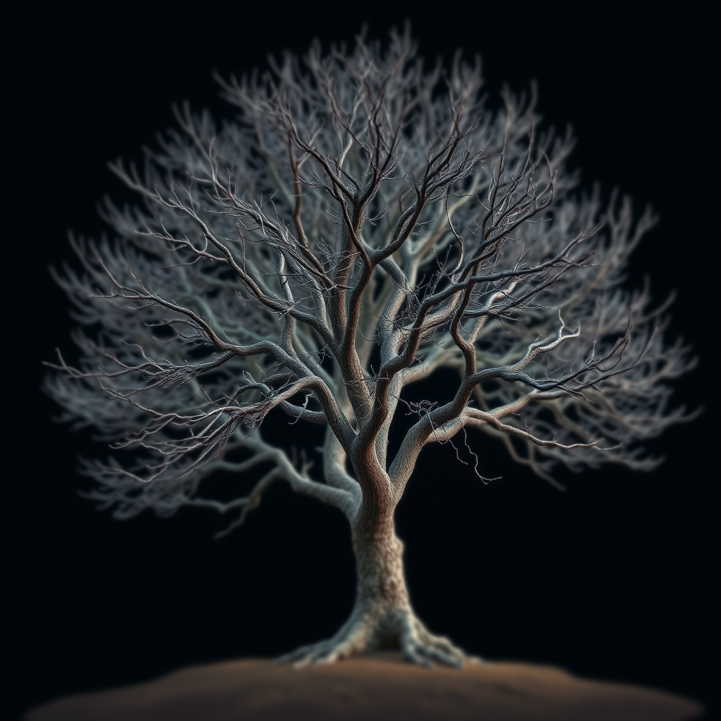 Generate a highly detailed illustration of an intricate tree with bare branches, captured in high resolution with a DSLR camera at f/2.8, ISO 100, 50mm lens, using a shallow depth of field to emphasize the tree's structure and enhance sharpness.