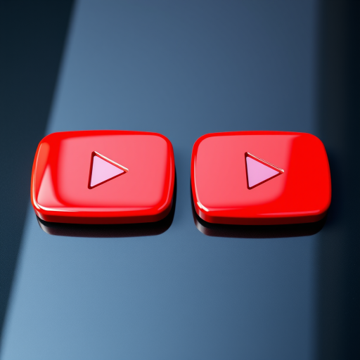 Create an image of two glossy red YouTube logos on a smooth black surface, taken with a DSLR camera at f/2.8, ISO 100, 50mm lens, in soft natural lighting and a top-down view to emphasize reflections and shadows.