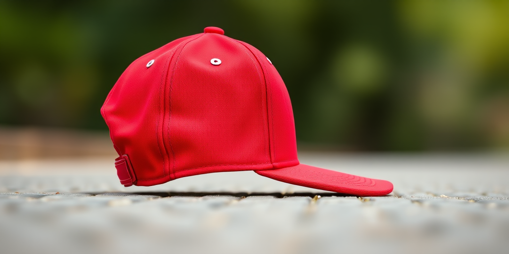 Generate an image of a red baseball cap, side view, with a smooth texture and clear details, using a DSLR camera set to f/2.8 aperture, ISO 100, and 50mm lens, shot at eye level with natural lighting to enhance color vibrancy.