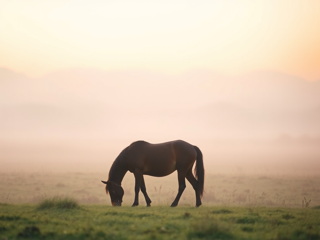 Softly focused photo of a lone horse grazing in a fog-covered meadow at dawn, soft morning light casting a serene atmosphere, with distant mountains barely visible through the mist.