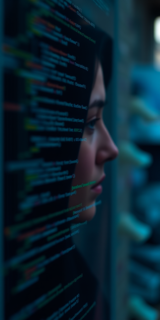 Generate a high-resolution image of a coding theme with a blurred background, using a Canon EOS R5 with a 50mm lens, aperture set to f/1.8, ISO 100, and shutter speed at 1/200s, captured in portrait mode.