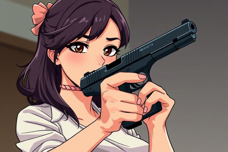 a cartoon anime manga woman holding a Beretta 92FS hand gun pistol