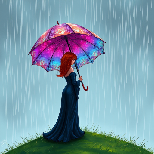 A surreal hand-drawn digital artwork depicting a mysterious red-haired woman standing on a grassy hill under the rain. She holds an umbrella crafted from iridescent zircon, its vibrant sheen contrasting with the soft, rainy atmosphere. The scene feels dreamlike, blending the natural elements of the hill and rain with the otherworldly shimmer of the umbrella.