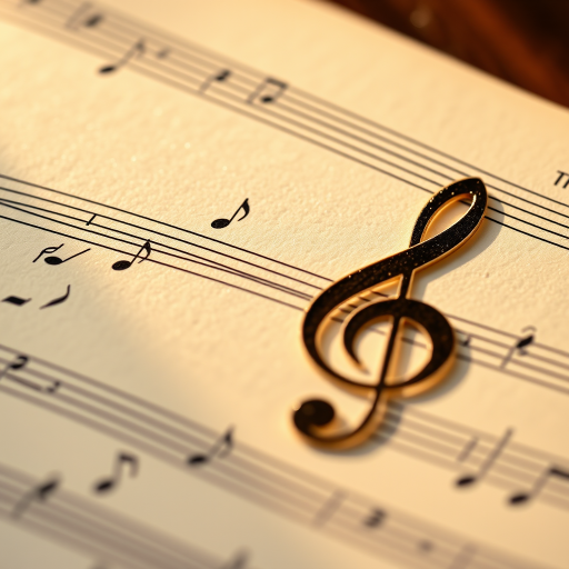 Create a close-up shot of a sheet music page featuring a treble clef and musical notes with warm natural lighting, using a macro lens at f/2.8 aperture, 50mm focal length, ISO 100, and a shallow depth of field to enhance texture and detail.