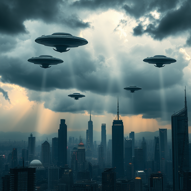 A futuristic city skyline under a stormy sky with large alien spaceships hovering and beams of light projecting down onto the city, captured with a Canon EOS R5, 24mm lens, f/2.8 aperture, ISO 100, 1/125 sec exposure, in HDR photography style to enhance dynamic range and detail.