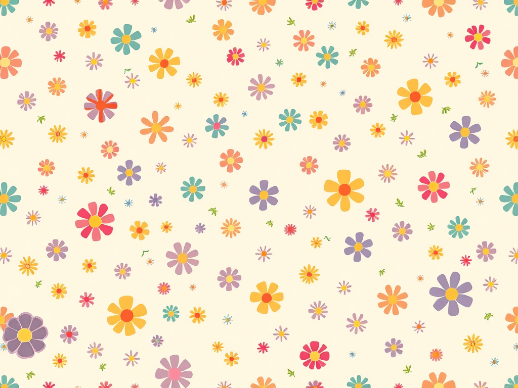 Create a seamless pattern featuring small colorful flowers scattered across a light cream background with a whimsical and cheerful design.