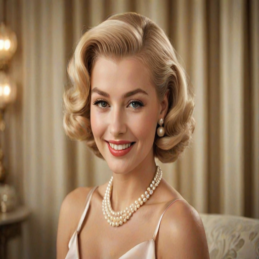 A beautiful woman reminiscent of 1950s Hollywood glamour, with perfectly styled blonde hair and a seductive smile, dressed in a satin blouse and adorned with pearls, soft and warm tones, photorealistic, 8K