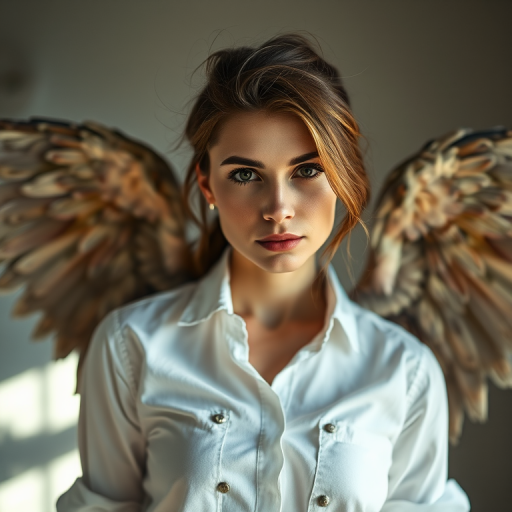 portrait of a woman with textured wings wearing a torn white shirt, soft focus background, natural light with a slight shadow, 50mm lens, aperture f/1.8, ISO 200, 1/125s, shot from a low angle to highlight the wings and expression, studio setup.