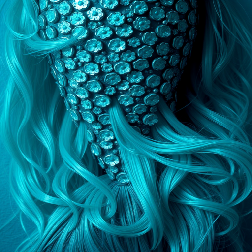 Vibrant teal mermaid waves cascading down to the waist, shimmering with iridescent highlights, creating a mesmerizing oceanic illusion known as "Siren's Embrace"