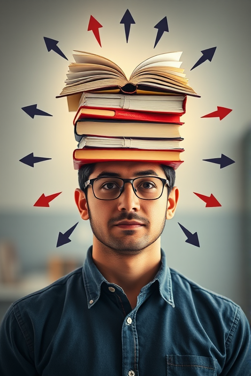 Create an image of a person with a stack of open books for a head, surrounded by a burst of light and arrows, using a DSLR camera at f/2.8 aperture, ISO 100, 50mm lens, positioned at eye level, with soft focus background and vivid colors for enhanced quality.