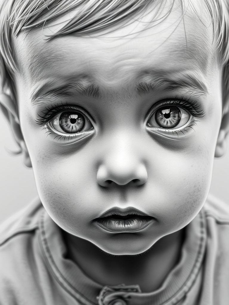 A hyperdetailed photorealistic black and white sketch of a beautiful toddler with deep white eyes, with a macro focus