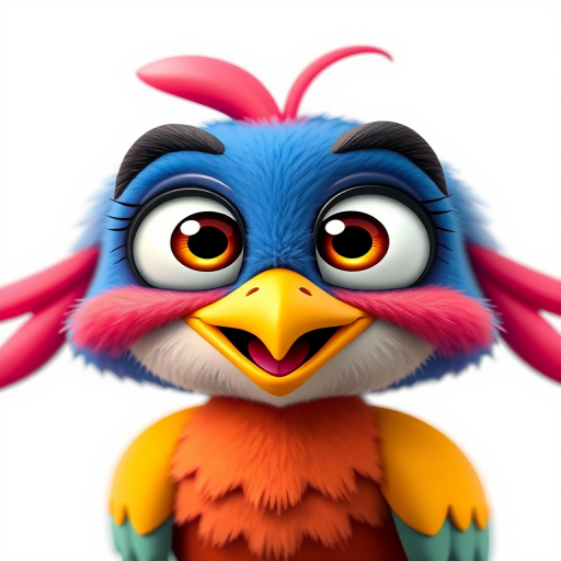 Create a colorful cartoon bird character with large expressive eyes, a happy smile, and exaggerated features, set against a transparent background, captured with a DSLR camera at f/4 aperture, 50mm lens, in vibrant colors and high contrast for enhanced image quality.