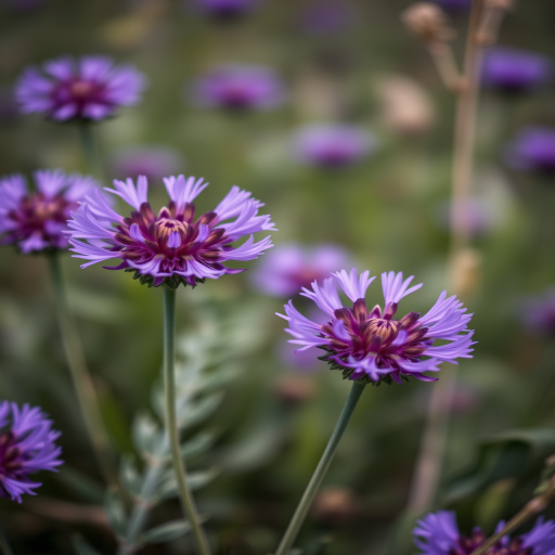 Capture a close-up of vibrant purple flax flowers in a natural setting, using a DSLR camera with a 50mm f/1.8 lens, aperture set to f/2.8, ISO 200, shutter speed 1/200s, and a shallow depth of field for a soft background blur.