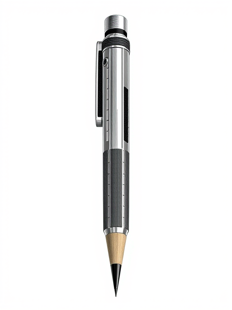 create a detailed illustration of a modern mechanical pencil from a top-down view with sharp details and clean lines, f/8 aperture, 50mm lens, natural lighting, high-resolution digital format.