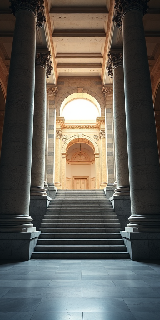 Create an image of a grand hall with two large globe-topped columns framing a set of stone stairs leading to a bright archway, viewed from the front, with soft diffused lighting, high resolution, using a DSLR camera, f/2.8 aperture, 24mm lens, ISO 100, and a wide-angle perspective.