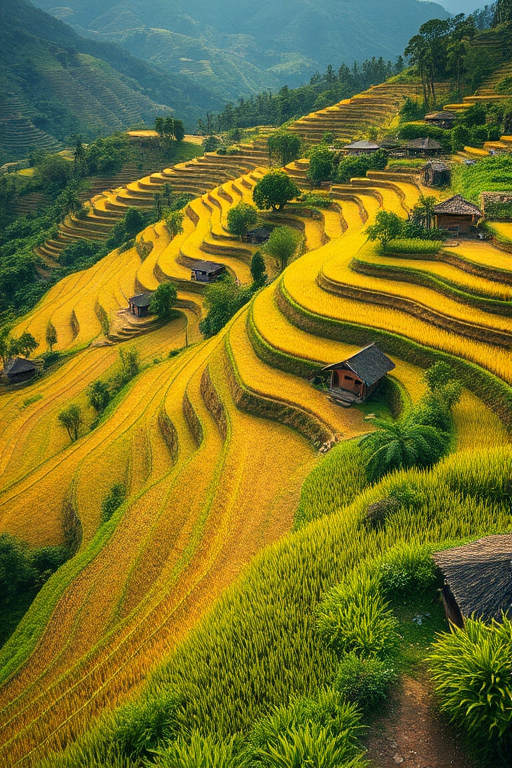 vivid landscape of terraced rice fields with lush greenery and small huts, captured with a Canon EOS R5, 24mm lens, f/8 aperture, ISO 100, soft natural lighting, wide-angle view, high dynamic range for enhanced color depth
