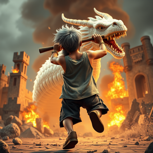Cartoon 3D High-Resolution,dynamic battle scene using Unreal Engine 5 and Octane Render. The scene features back of an elderly, thai man with a beard,messy hair and round golden-rimmed glasses. He is wearing a tattered tank top with soot marks, shorts, and sandals. sweating. he wields a baseball bat. He jump to fight with a white fire-breathing Europe dragon amidst a partially destroyed stone castle. Include intense flames, smoke, and debris to enhance the dramatic effect.