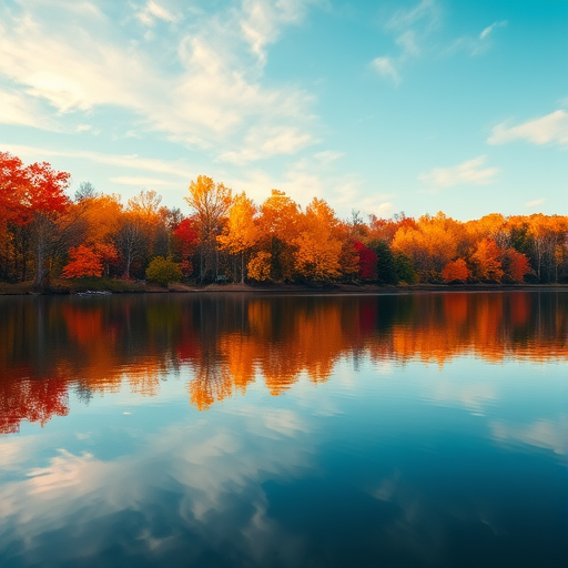 A serene autumn lake scene with vibrant orange and yellow leaves reflecting on calm waters under a blue sky, shot with a Canon EOS R5 at f/8, 1/200 sec, ISO 100, using a wide-angle lens for an expansive view, capturing the tranquility of nature.