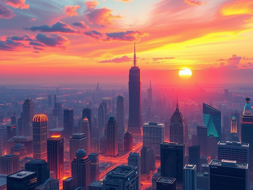 Create a detailed vector illustration of a futuristic cityscape at sunset with vibrant colors and glowing elements, using a DSLR camera with a 24mm lens, aperture set to f/8, ISO 100, shot from a high vantage point with a wide-angle view to capture the skyline and horizon.