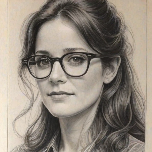 Attractive Debra Winger, pencil sketch, portrait of Gorgeous woman 1968s in glasses, hair style beatnik, outline, clear lines, fine lines, 8k