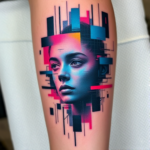 Glitch art inspired tattoo named "Digital Distortion" depicting a fragmented and distorted image with pixelated elements and color shifts to create a unique technological aesthetic