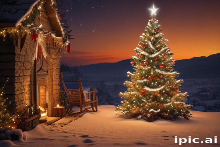 Cozy Winter Scene Featuring a Decorated Christmas Tree and Snowy Cabin