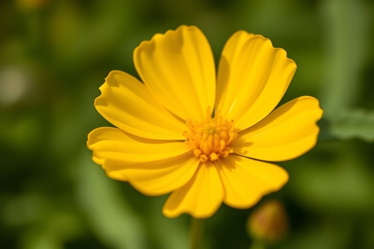 A close-up shot of a vibrant yellow buttercup flower against a blurred green background, captured with a Canon EOS R5, 50mm f/1.2 lens, aperture set to f/1.8, shutter speed of 1/200 sec, ISO 100, in natural lighting to enhance detail and depth of field.