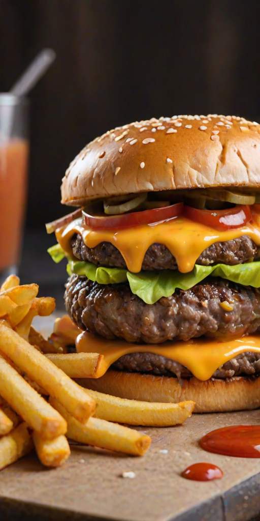 High-resolution, close-up image of a gourmet double cheeseburger. The burger features a glossy, sesame-seed-topped brioche bun. Inside, there are two thick, juicy beef patties, each topped with melted cheddar cheese. The burger is garnished with fresh lettuce, tomato slices, diced onions, and pickles. A generous amount of ketchup and a creamy, orange-colored sauce is dripping down the sides, adding to the mouth-watering appeal. In the background, there are blurred elements including a side of golden French fries and a hint of a beverage, enhancing the overall presentation of a delicious meal.