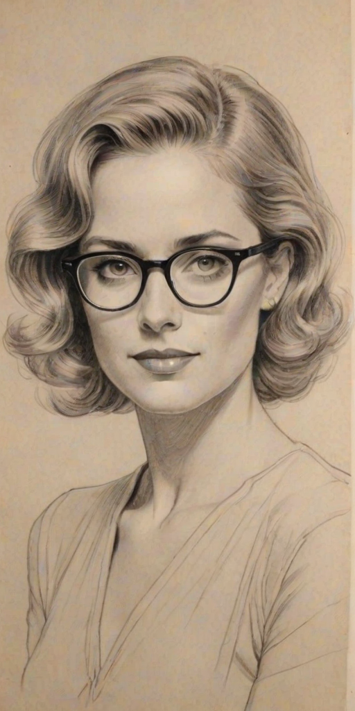 Pleasing Christina Moore, pencil sketch, portrait of Appealing woman 1934s in glasses, hair style beatnik, outline, clear lines, fine lines, 8k