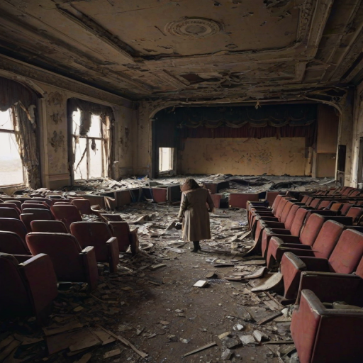 Old abandoned theater, with broken seats and torn curtains, a woman with a camera carefully steps through the debris, capturing the decaying beauty of the forgotten space.