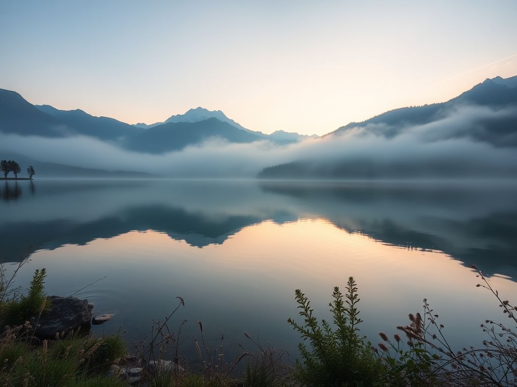Create a high-resolution landscape image of a serene mountain lake at sunrise with fog over the water, using a DSLR camera with a 24mm lens, aperture set to f/8, ISO 100, and a shutter speed of 1/125 sec, captured from a low angle to emphasize the reflections and surrounding flora.