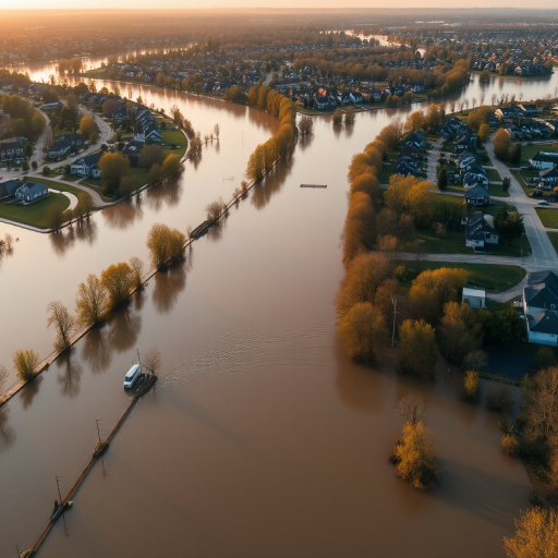 aerial view of a flooded urban area with brown water flowing through the landscape, showing houses and trees along the riverbanks, taken at golden hour, camera settings: f/8, ISO 100, 1/250 sec, drone photography, high-resolution detail